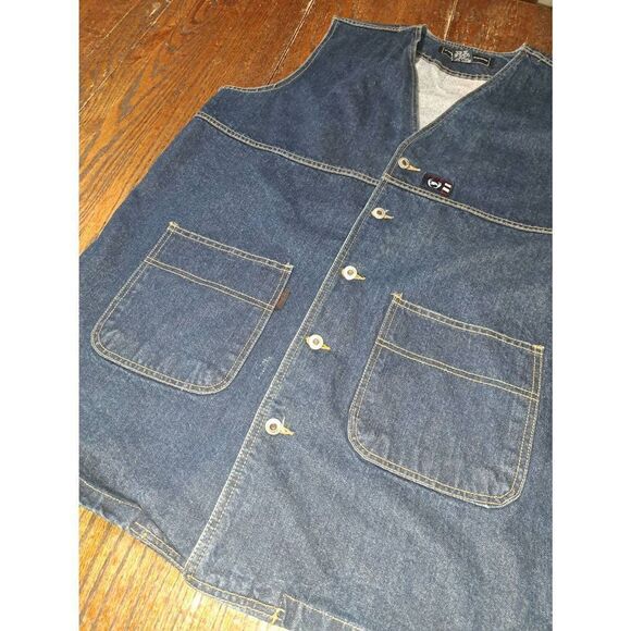 Vintage XXL Phat Farm Mens Cotton Long Denim Blue Jean Sleeveless Vest Pockets - Picture 3 of 4